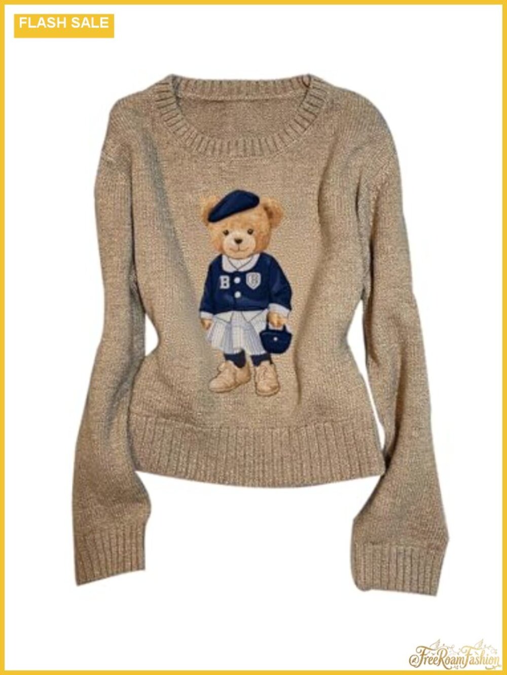 Bear Print Knit Pullover Sweater Crew Neck Long Sleeve Drop Shoulder
